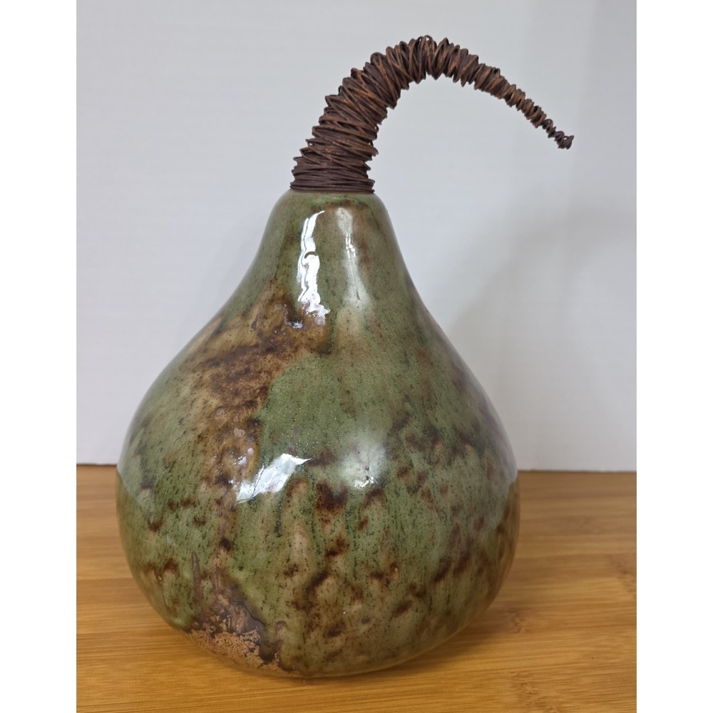 Pier 1 Ceramic Gourd Pumpkin Pear Wire Stem Brown Green Marbled Glossy Fall Art‎